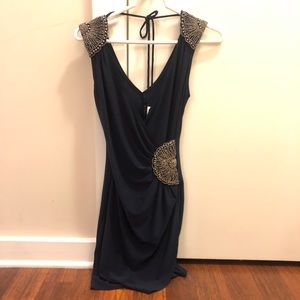 Navy Beaded V-Neck Dress